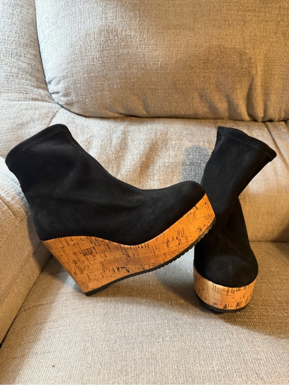 Black Suede Platform Wedge Ankle Boots with Cork Sole